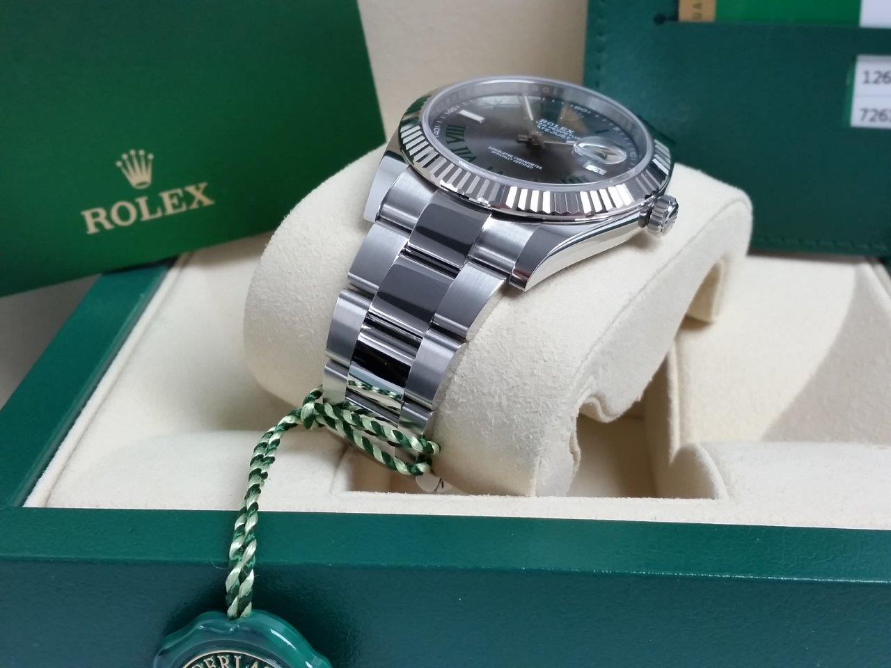 Rolex Datejust II 41 Slate Green Roman 126334-0022 Oyster Band 18k Gold Fluted