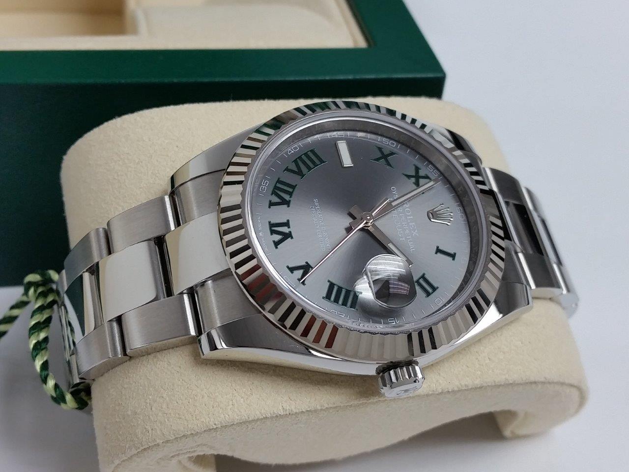 Rolex Datejust II 41 Slate Green Roman 126334-0022 Oyster Band 18k Gold Fluted