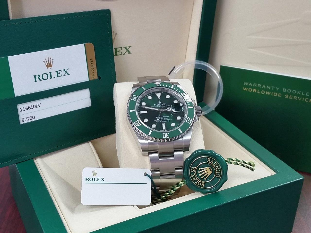 Rolex Submariner Date 116610LV Green Dial/Bezel Ceramic HULK w/Stickers Brand New