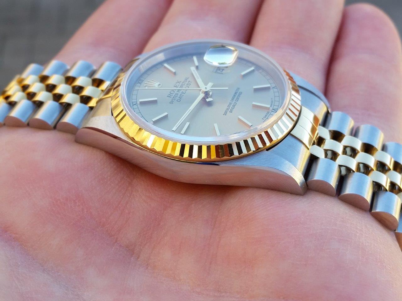 NOS 1995 Classic Rolex Datejust 16233 W Champagne Stick 18k Gold and Steel Box/Papers