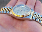 NOS 1995 Classic Rolex Datejust 16233 W Champagne Stick 18k Gold and Steel Box/Papers