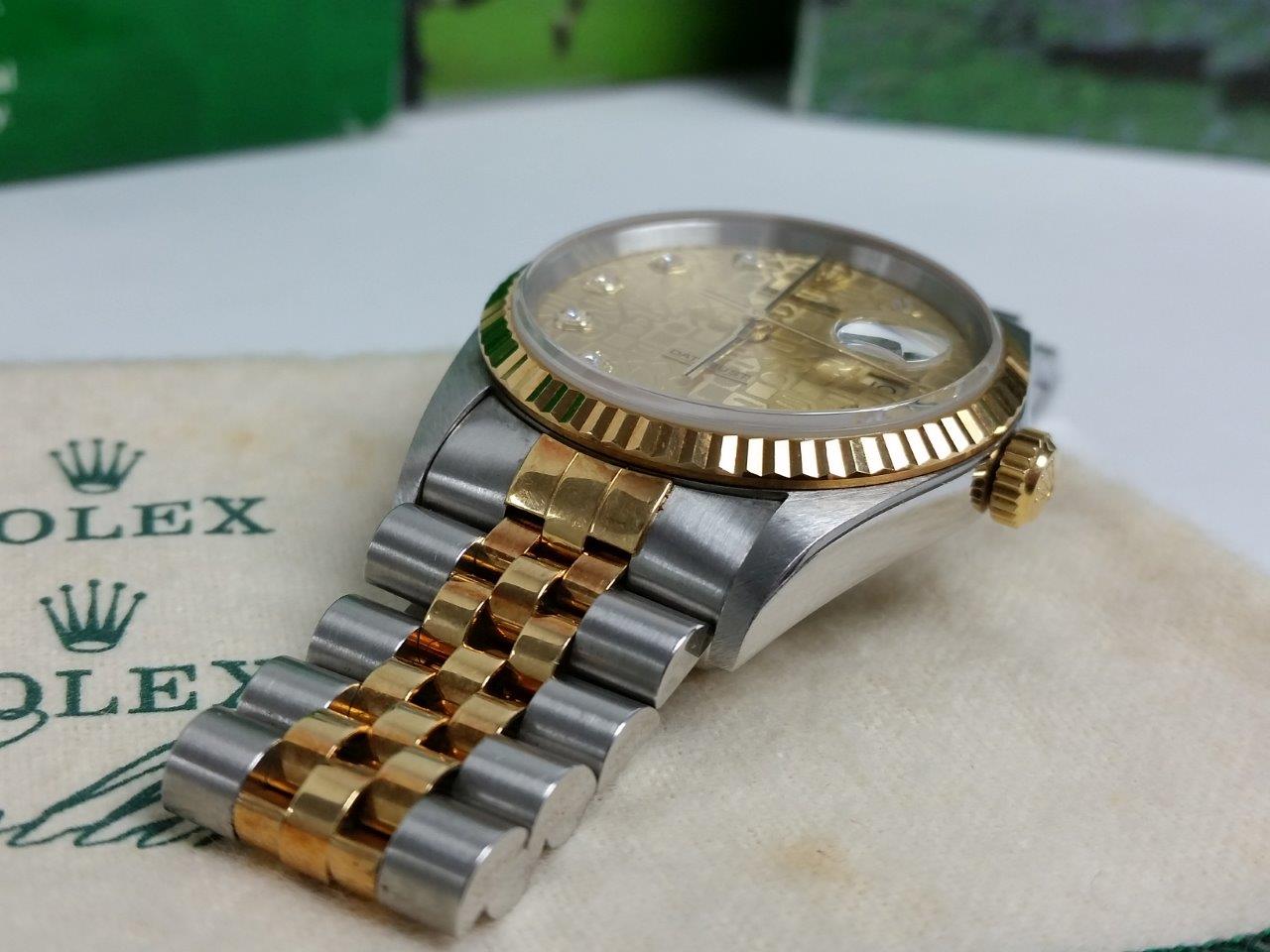 Classic Rolex Datejust 16233 P Jubilee SERTI Champagne Diamond Dial 18k Gold/Steel Box/Papers
