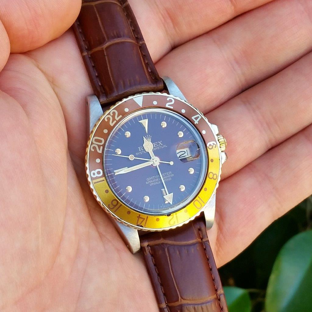 Rolex GMT-Master 16753 Brown Nipple Gilt Dial 2 Tone Root Beer Quick Set 1981 Vintage
