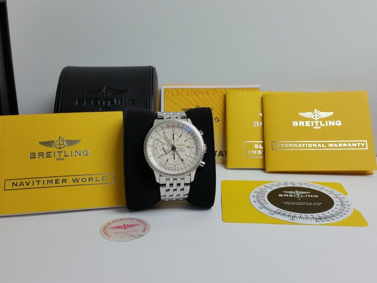 46mm Breitling Navitimer World GMT A24322 White on Pilot Bracelet Full Set MINT