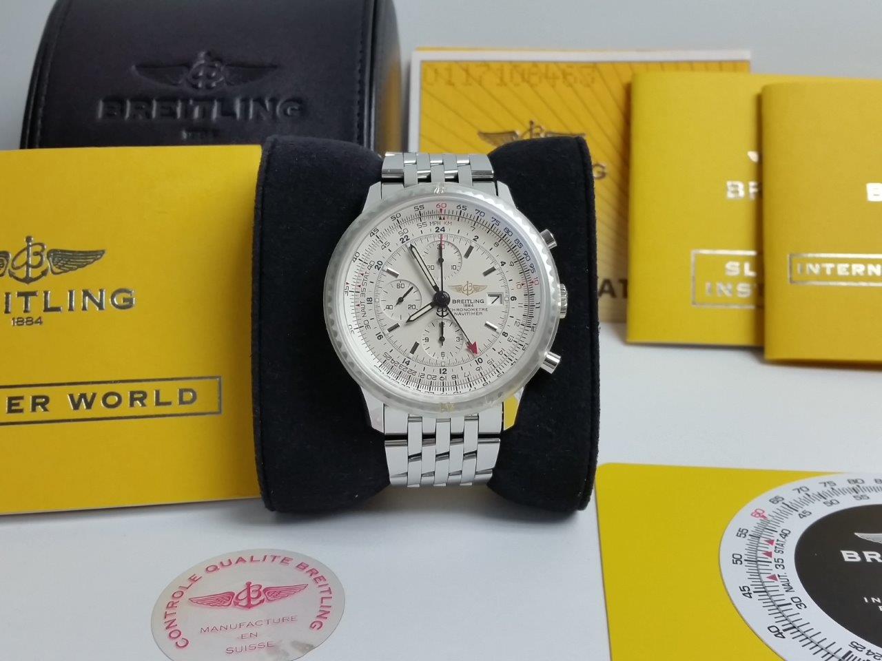 46mm Breitling Navitimer World GMT A24322 White on Pilot Bracelet Full Set MINT