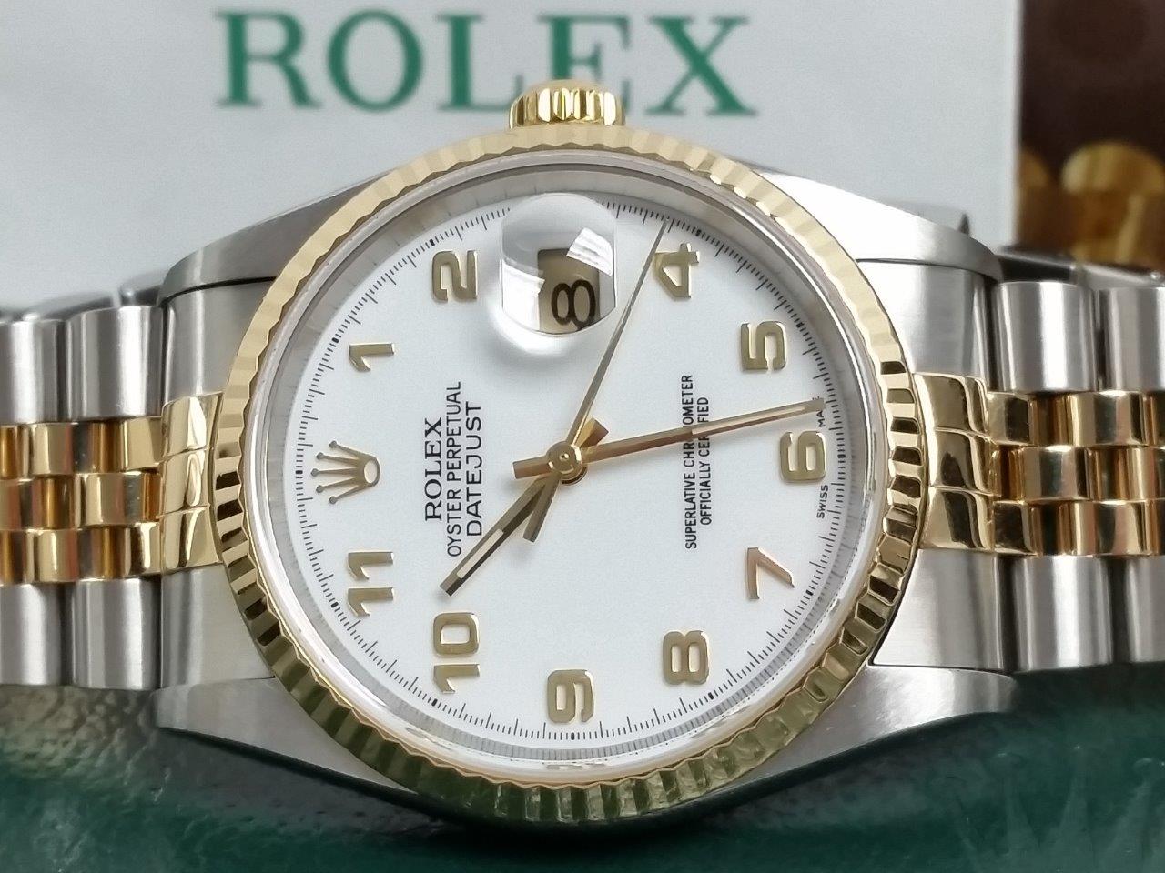 Mens Rolex Datejust 18k Gold Steel 2 Tone White Arabic 2003 Box/Papers 16233