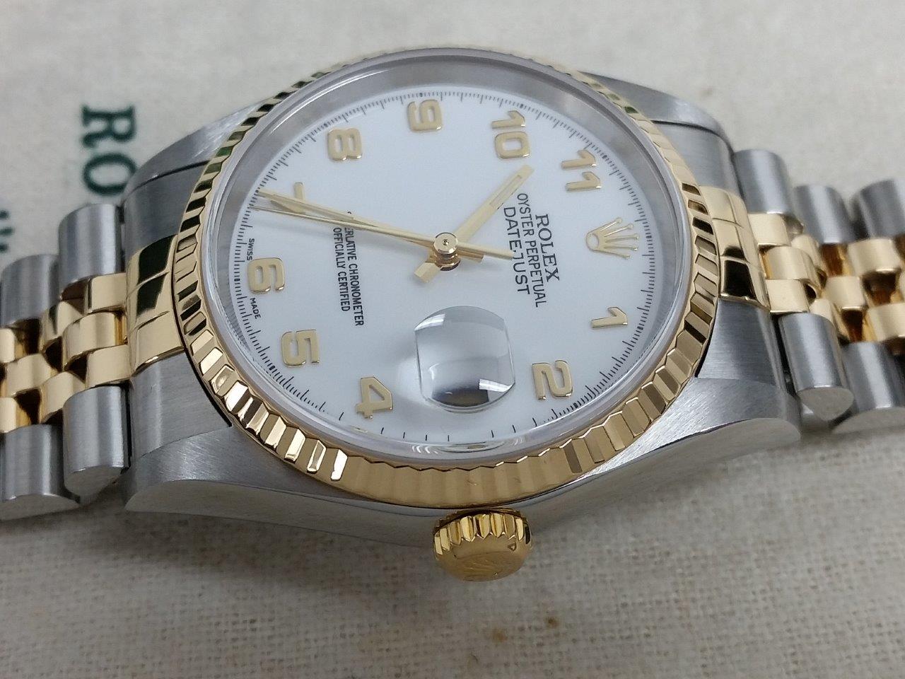 Mens Rolex Datejust 18k Gold Steel 2 Tone White Arabic 2003 Box/Papers 16233