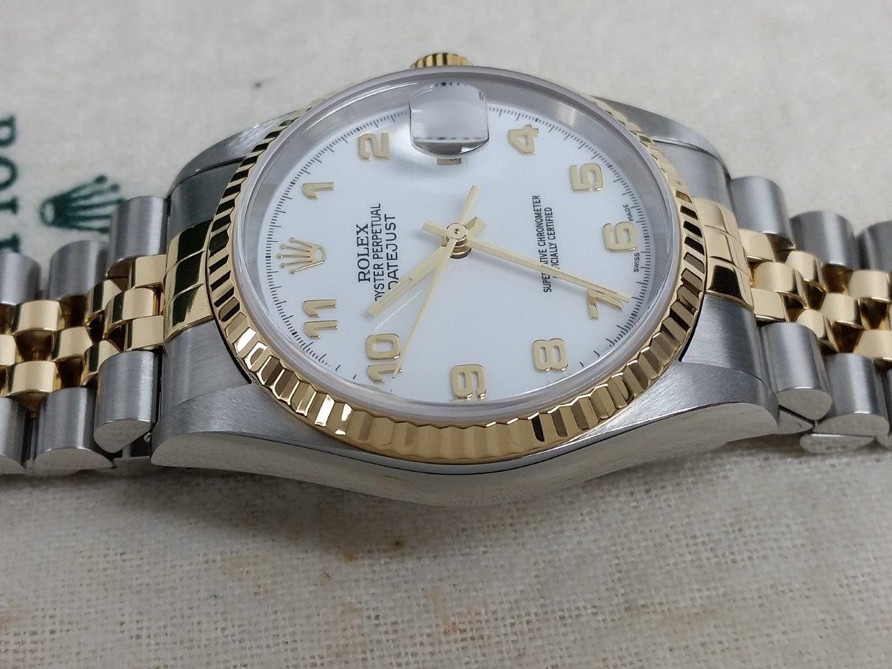 Mens Rolex Datejust 18k Gold Steel 2 Tone White Arabic 2003 Box/Papers 16233