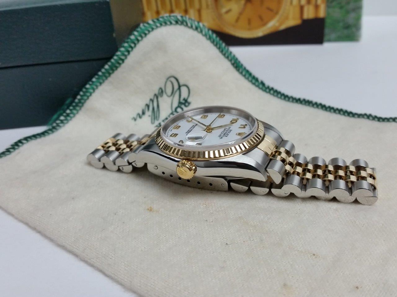 Mens Rolex Datejust 18k Gold Steel 2 Tone White Arabic 2003 Box/Papers 16233