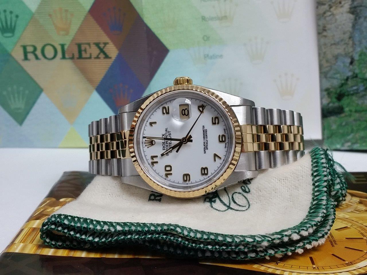 Mens Rolex Datejust 18k Gold Steel 2 Tone White Arabic 2003 Box/Papers 16233