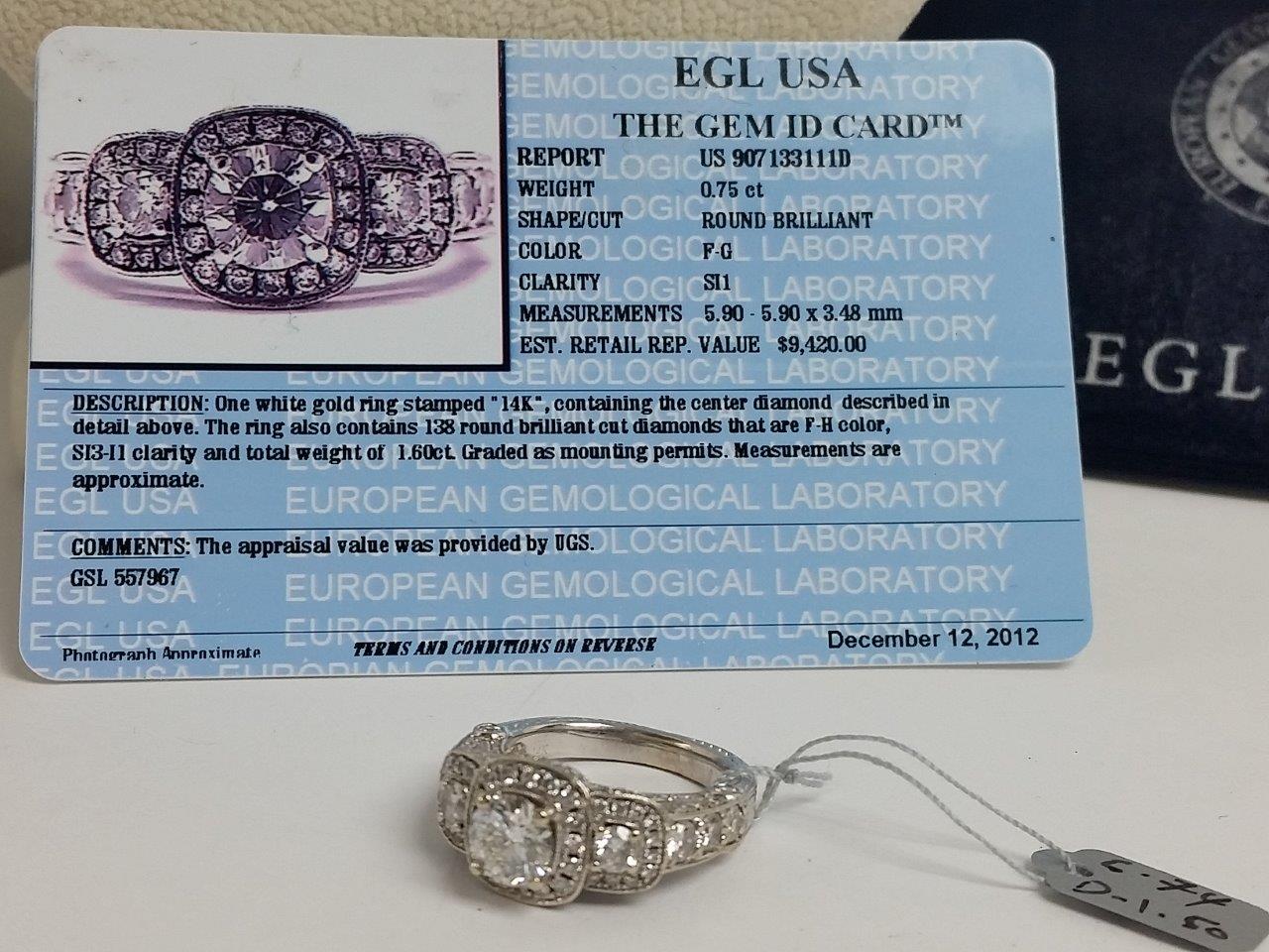 14k White Gold Diamond Ring Past-Present-Future w/Bezel EGL Certy