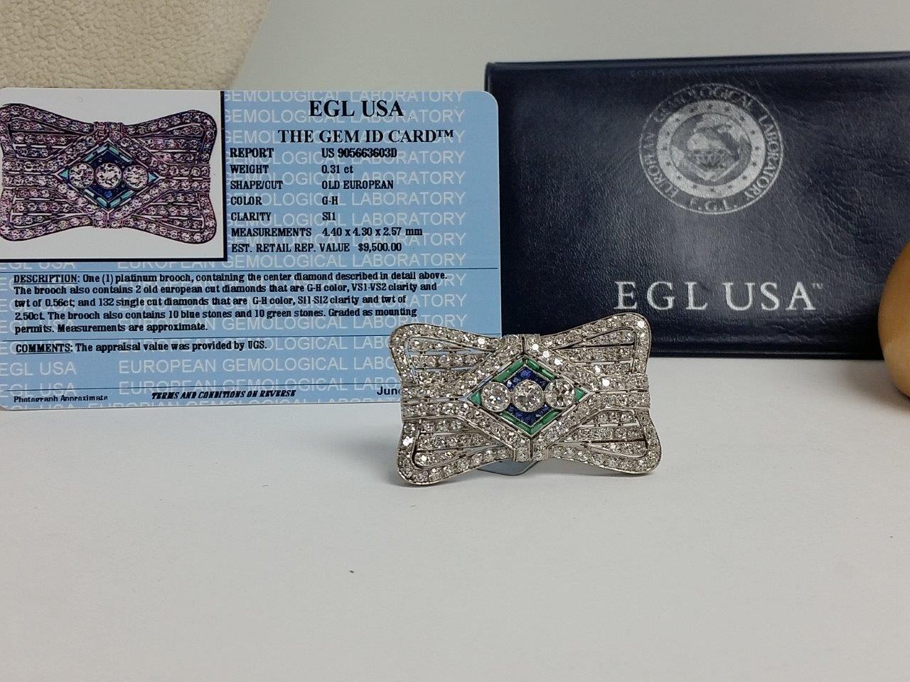 Vintage Platinum Brooch Old European Cut Diamond w/Emeralds Sapphires EGL Certy