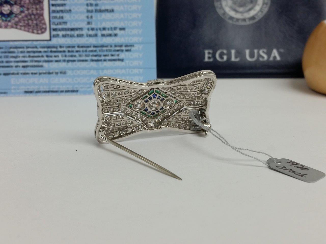 Vintage Platinum Brooch Old European Cut Diamond w/Emeralds Sapphires EGL Certy