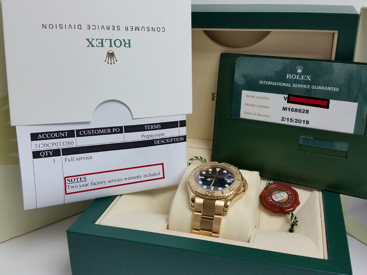 Rolex Yacht-Master Solid 18k Gold Blue Dial Engraved Bezel V-Serial 2019 RSC 168628