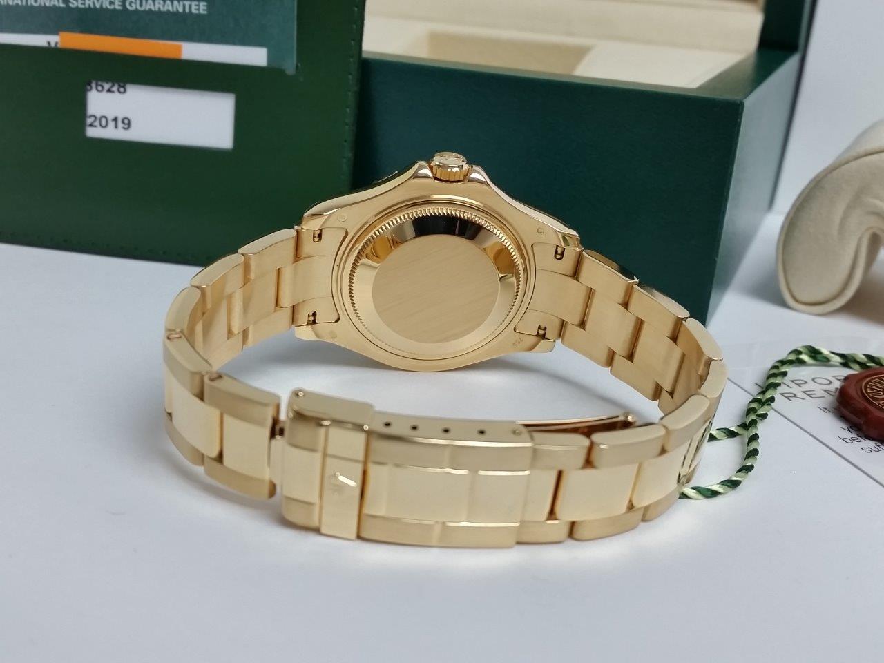 Rolex Yacht-Master Solid 18k Gold Blue Dial Engraved Bezel V-Serial 2019 RSC 168628