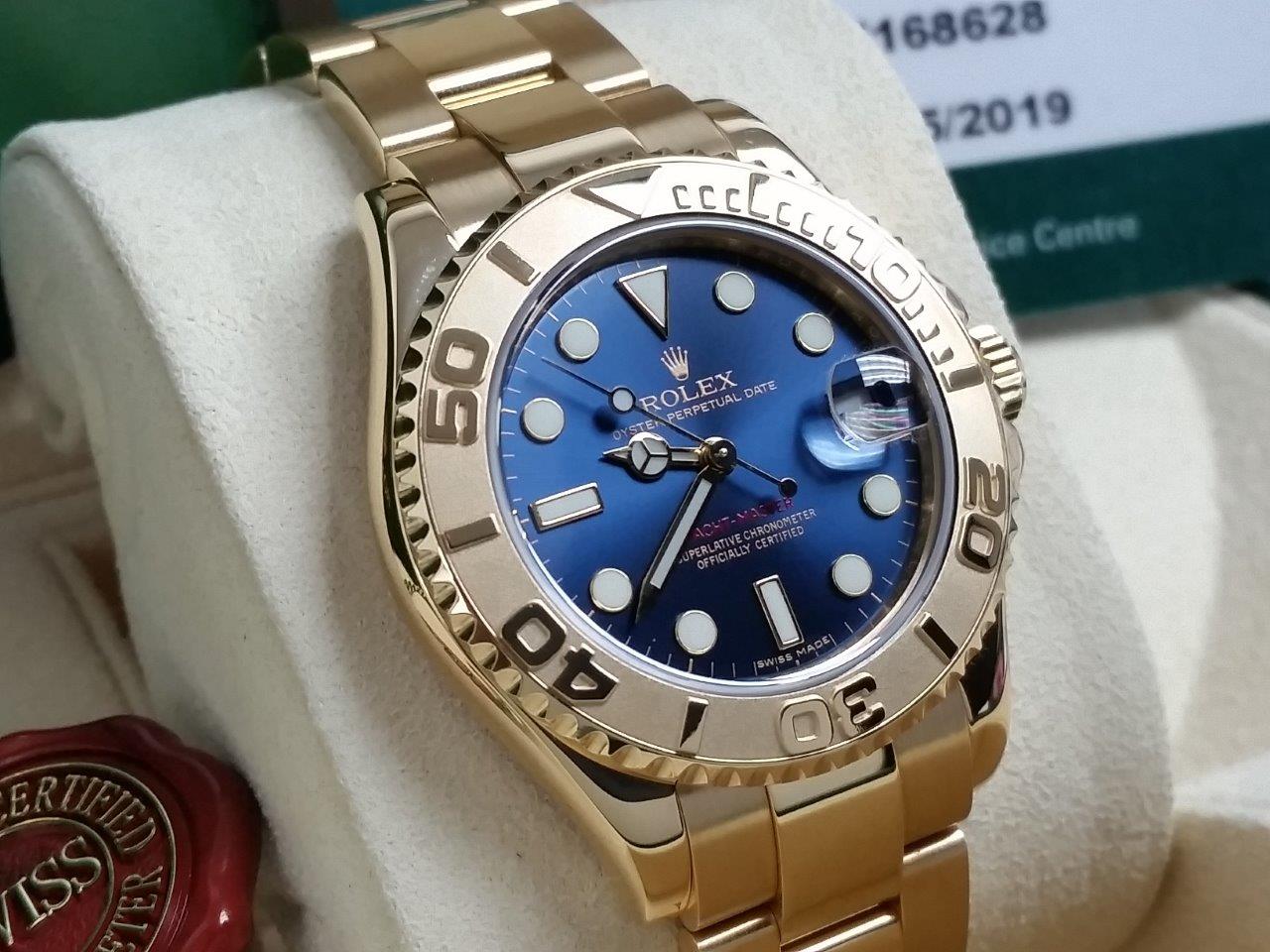 Rolex Yacht-Master Solid 18k Gold Blue Dial Engraved Bezel V-Serial 2019 RSC 168628
