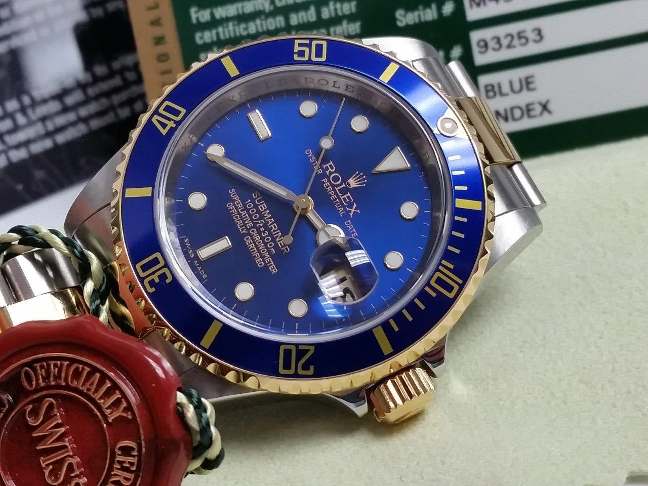 ROLEX Submariner 16613 M Rehaut/Engraved Bezel Two Tone 18k SS Blue Box/Papers
