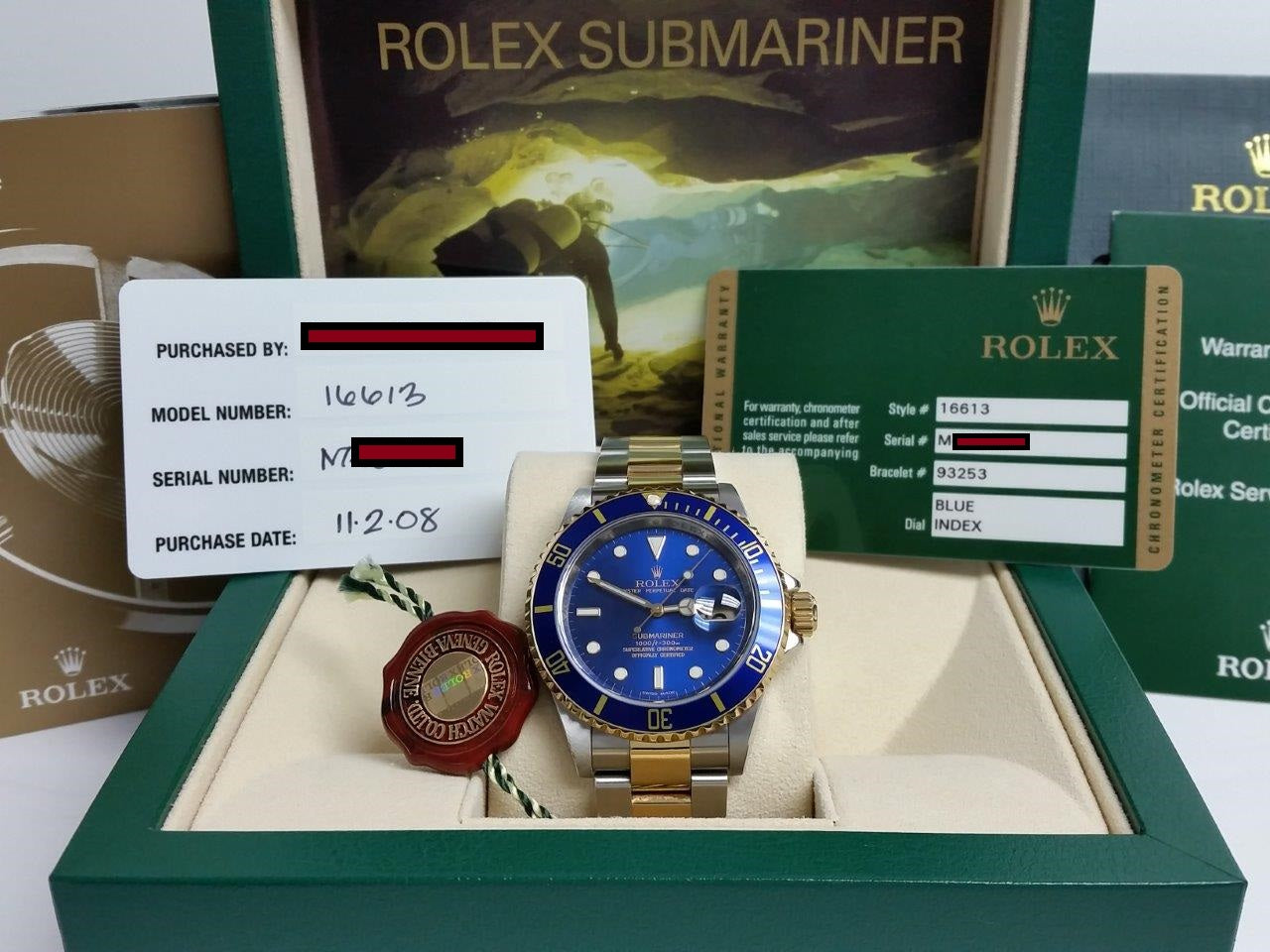 ROLEX Submariner 16613 M Rehaut/Engraved Bezel Two Tone 18k SS Blue Box/Papers