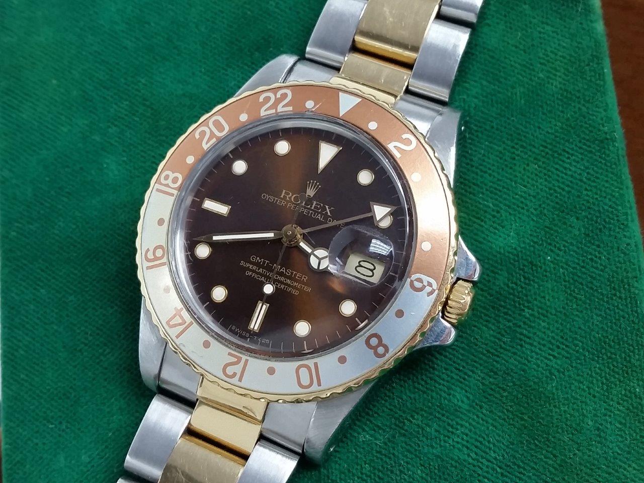 Vintage 16753 Rolex GMT-Master Quick-Set Date 18k Gold Steel Brown ROOTBEER