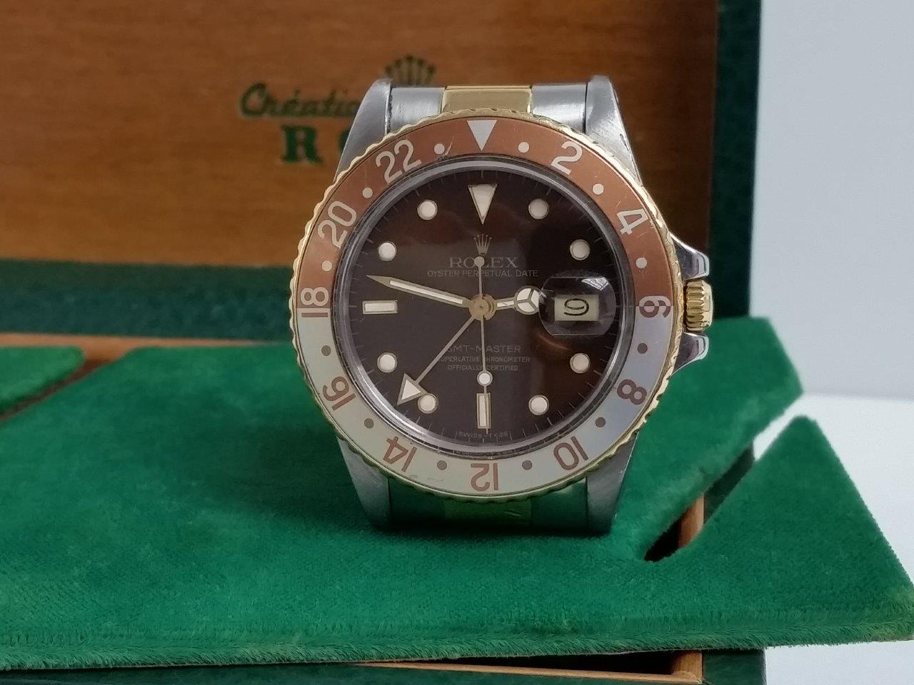 Vintage 16753 Rolex GMT-Master Quick-Set Date 18k Gold Steel Brown ROOTBEER