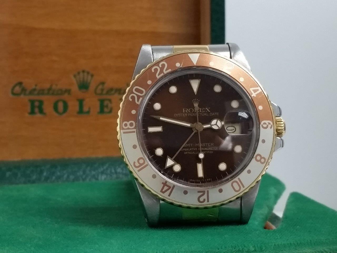 Vintage 16753 Rolex GMT-Master Quick-Set Date 18k Gold Steel Brown ROOTBEER