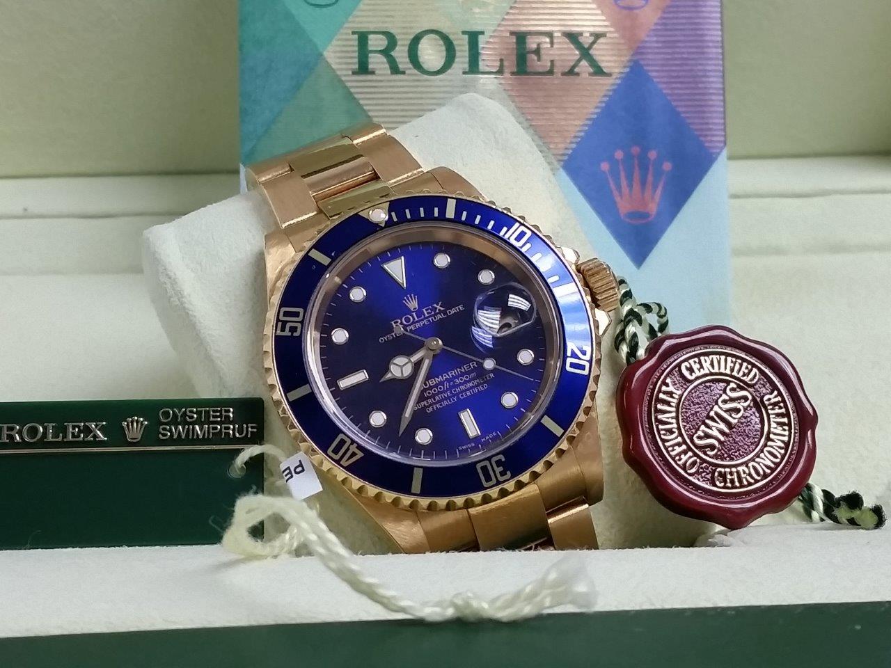 18k Gold Rolex Submariner Date 16618 Tropical Blue/Purple 18k Gold No Holes 2006 Box/Papers