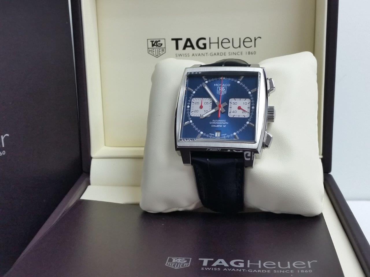 TAG Heuer Monaco Calibre 12 Chronograph Blue SS Navy Leather CAW2111.FC6183 Full Set