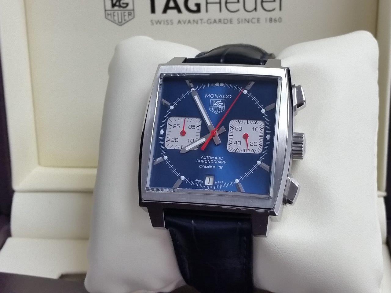 TAG Heuer Monaco Calibre 12 Chronograph Blue SS Navy Leather CAW2111.FC6183 Full Set
