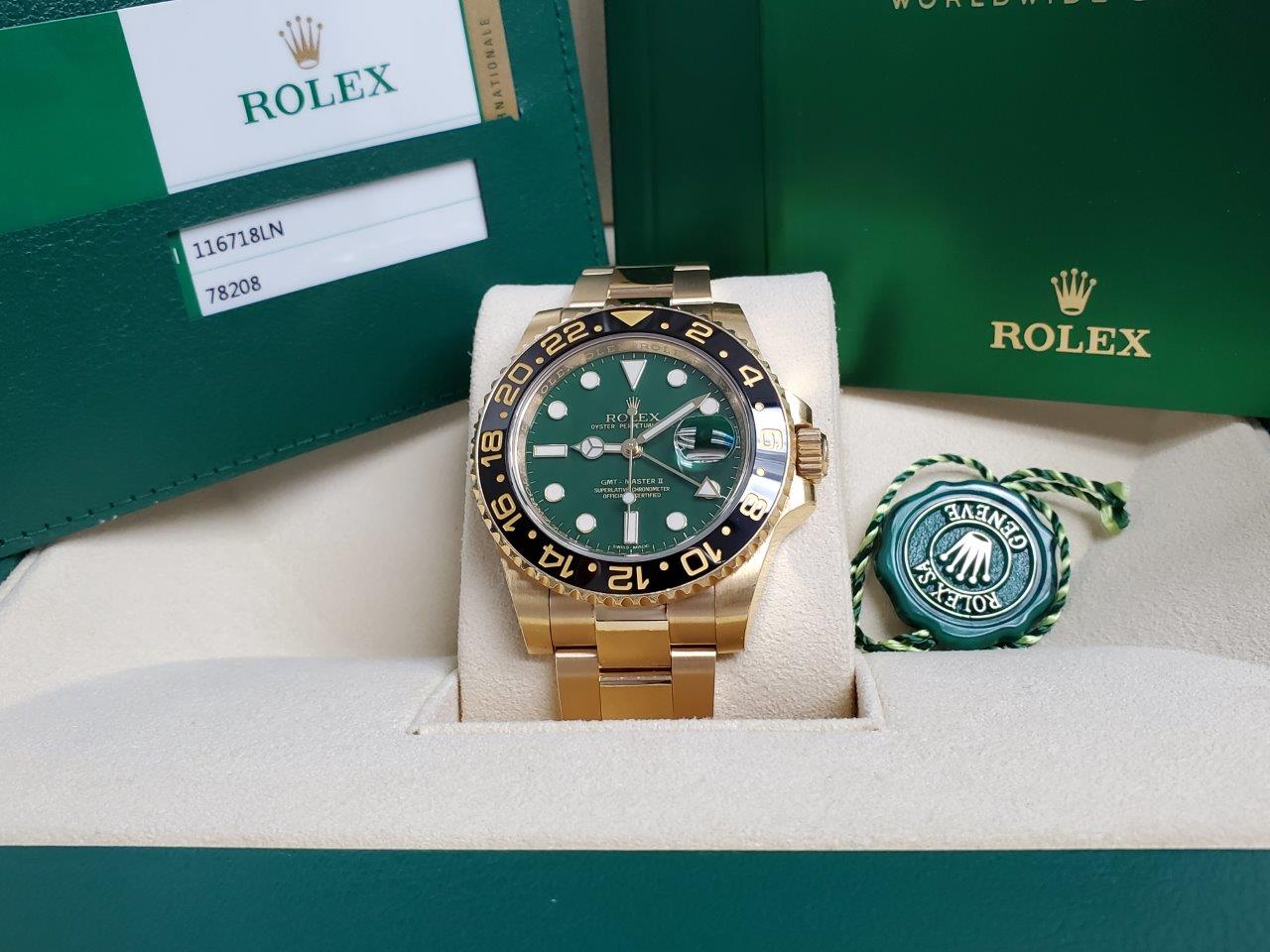 18k Gold Rolex GMT-Master II Anniversary 116718LN GREEN Full Set OPEN CARD