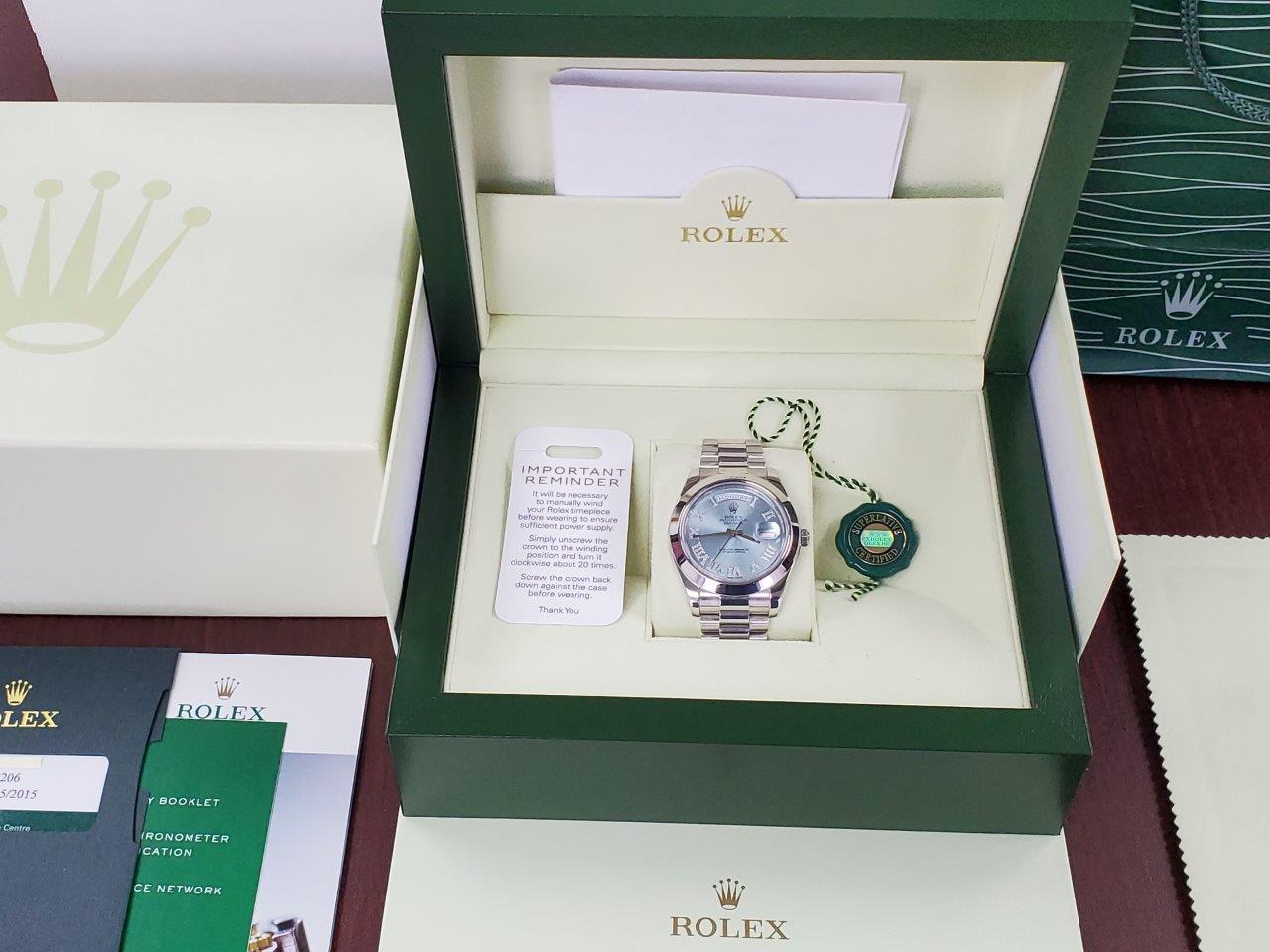 Rolex Day-Date II 41mm Platinum President Glacier Blue Diamond Roman 218206