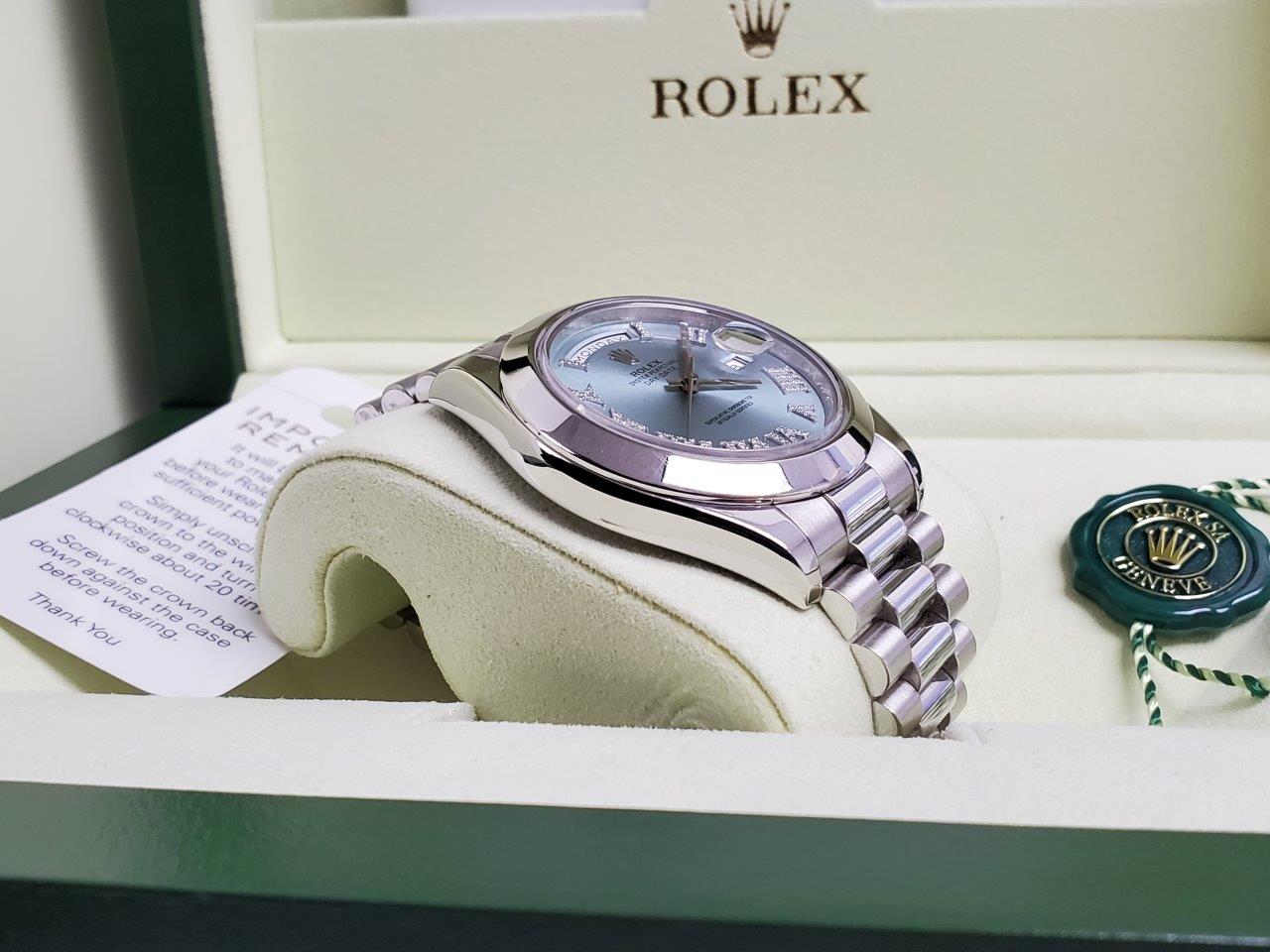 Rolex Day-Date II 41mm Platinum President Glacier Blue Diamond Roman 218206
