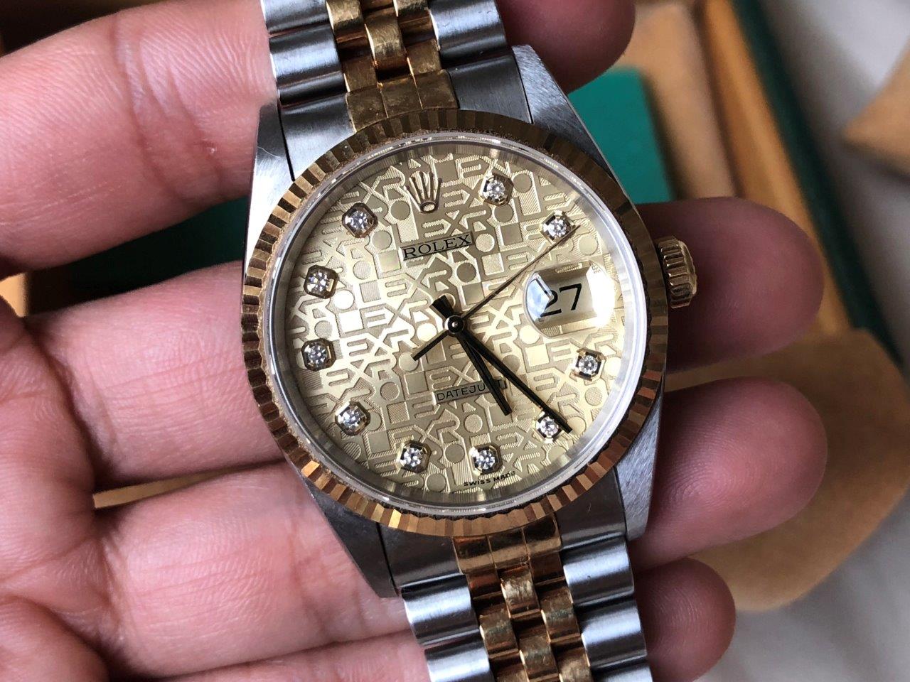 Classic Rolex Datejust 16233 P Jubilee SERTI Champagne Diamond Dial 18k Gold/Steel Box/Papers