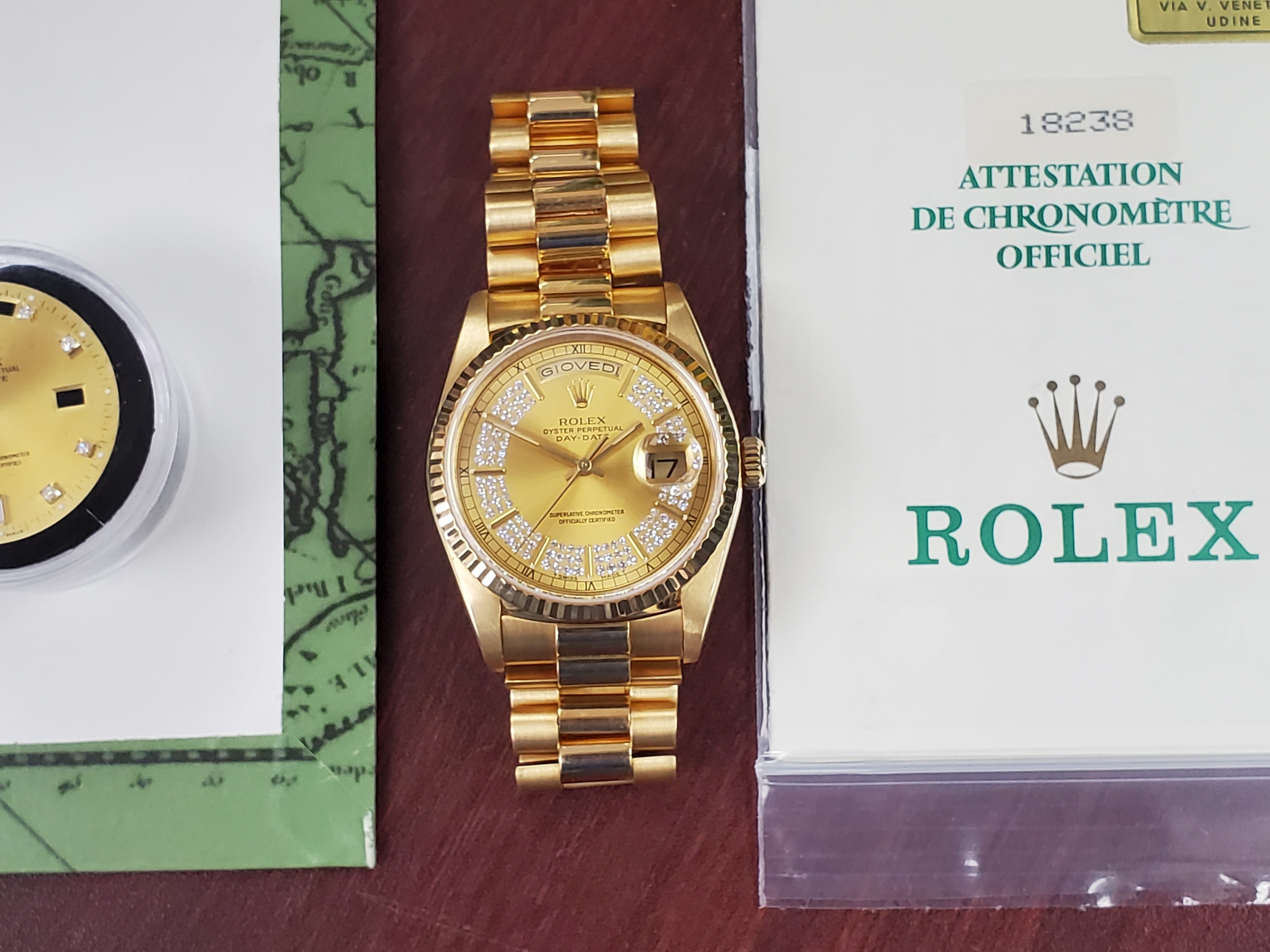 Rolex Day-Date 18238 Presidential 36 Italian Wheel Double Quick-Set Triple String Diamond Dial Full Set
