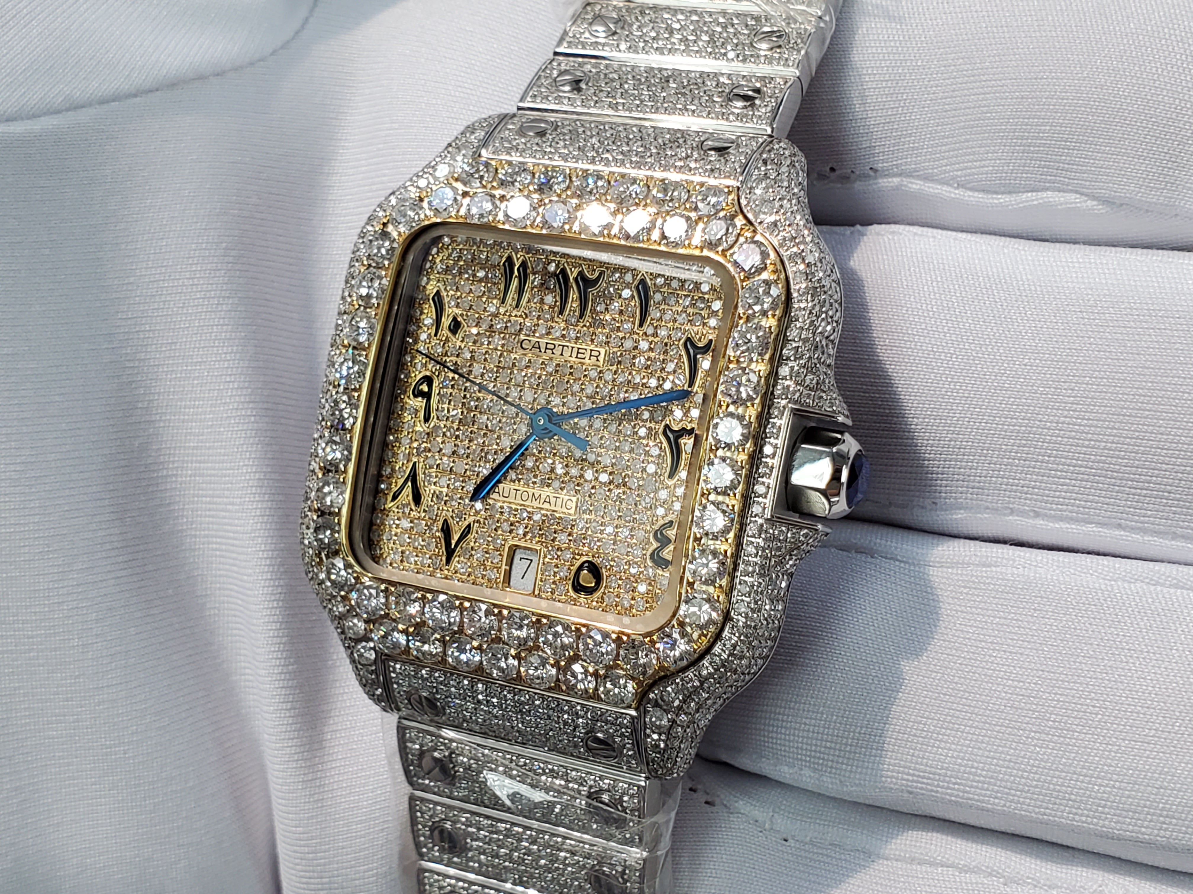 Cartier Santos Automatic XL Stainless Steel Gold 2-Tone 4072 Custom ICED OUT Diamonds Bezel Dial Bracelet Arabic