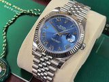 Rolex Datejust 41 Jubilee 18k White Gold Fluted Bezel 126334 Blue Roman Full Set like new Green Card