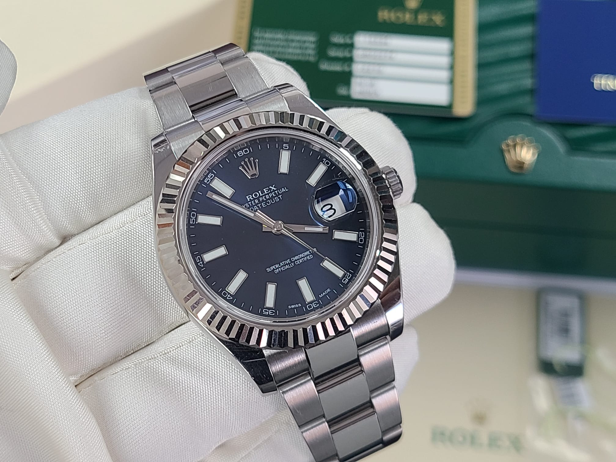 Rolex Datejust II Big 41 Super-Case Fluted 18k Gold Bezel BLUE