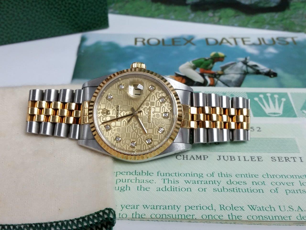 Classic Rolex Datejust 16233 P Jubilee SERTI Champagne Diamond Dial 18k Gold/Steel Box/Papers