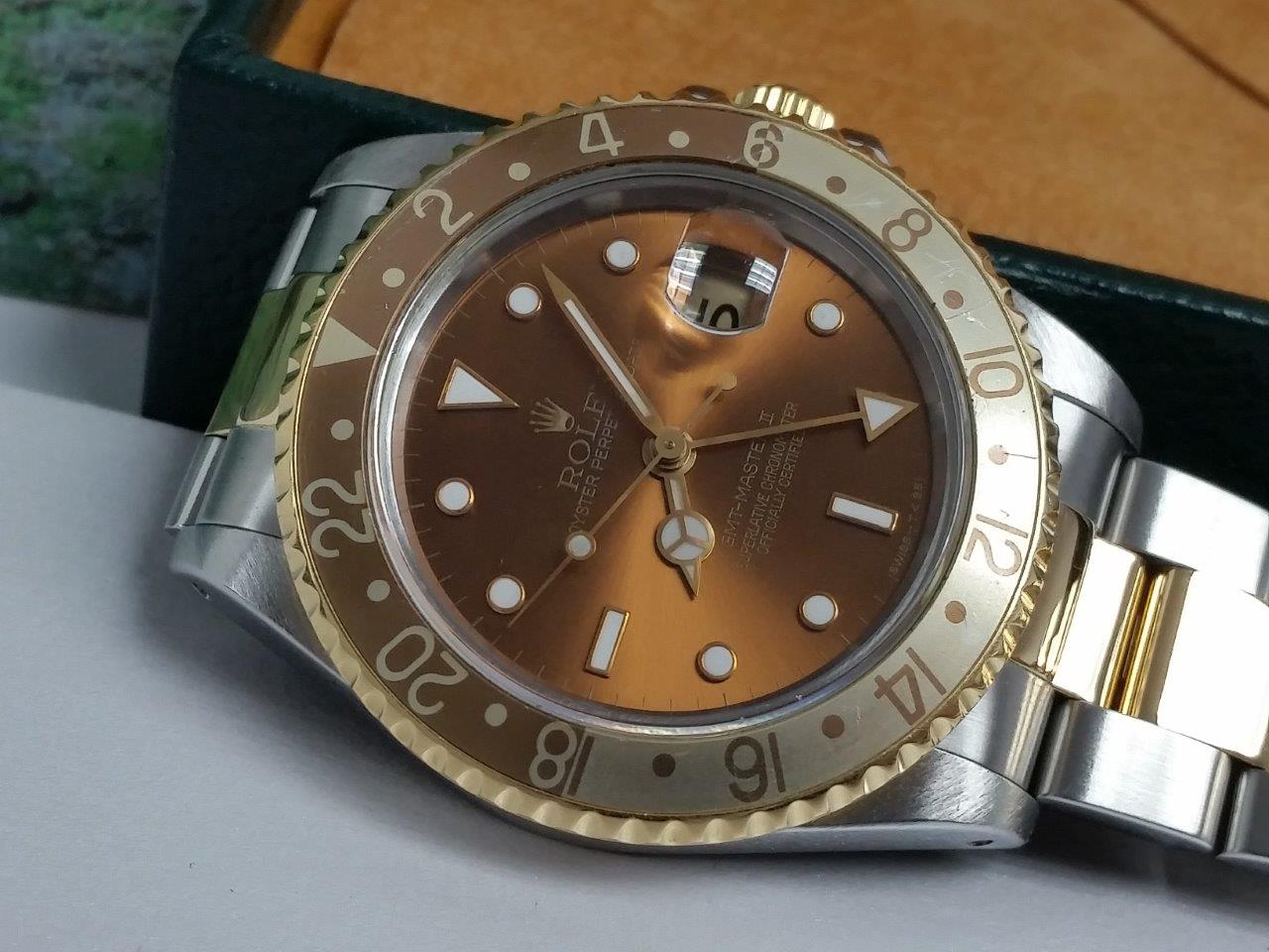 Rolex GMT-Master II 16713 Tritium ROOT BEER Two Tone Unpolished 18k Gold