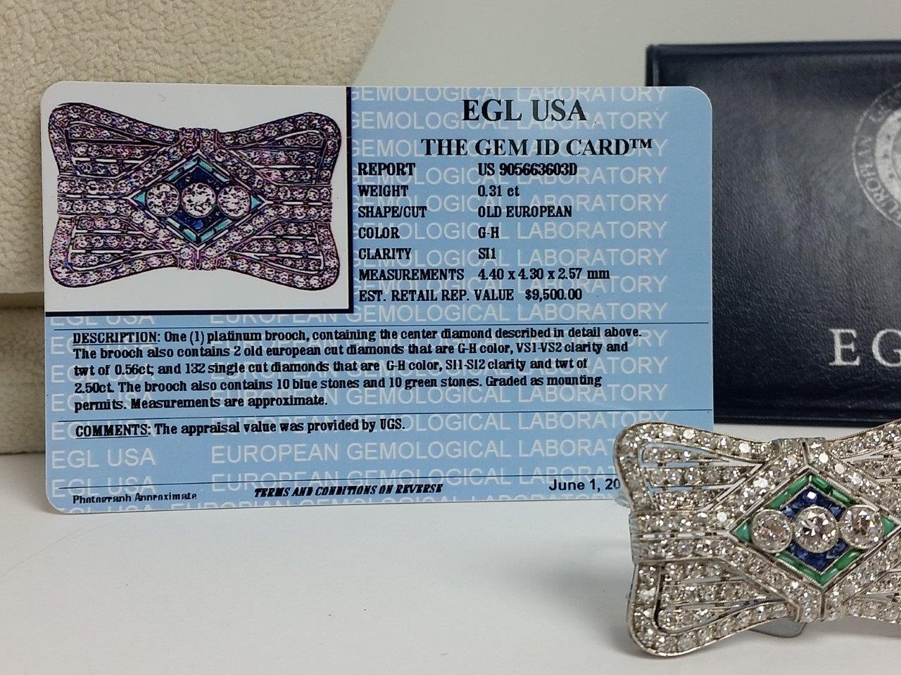 Vintage Platinum Brooch Old European Cut Diamond w/Emeralds Sapphires EGL Certy