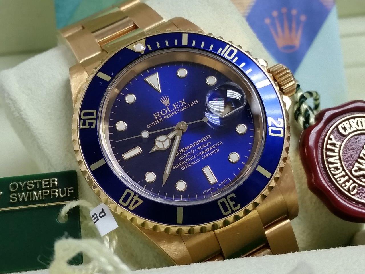 18k Gold Rolex Submariner Date 16618 Tropical Blue/Purple 18k Gold No Holes 2006 Box/Papers