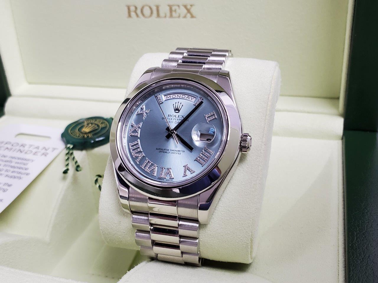 selv Vred operatør Rolex Day-Date II 41mm Platinum President Glacier Blue Diamond Roman 2 –  Lux Time Center